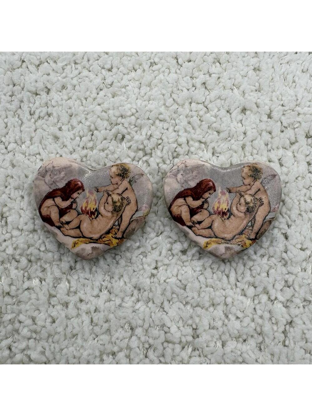 Vintage Style Heart Cherub Art Earrings